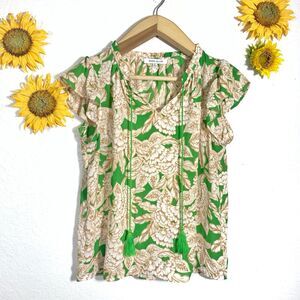 Rose & Olive floral tassle green ruffle sleeve blouse size medium womens